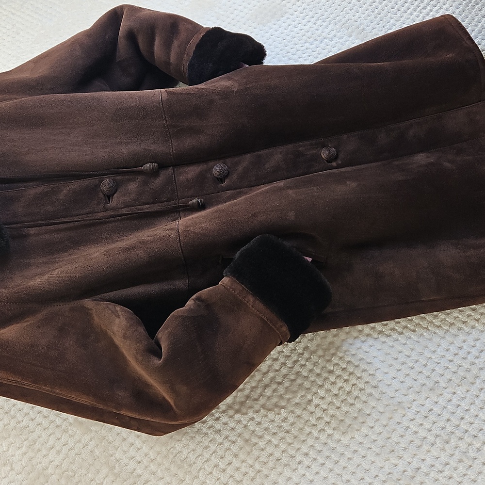 Chocolate Brown Suede Shearling Women's Coat Knee Length VTG Sz 6 Luxurious - Picture 3 of 11